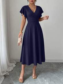 Women's Summer Mid-Length Dress Ruffled Sleeve Covered V-Neck Elegant Wedding Party Swing A-Line Slim Flared Dress - Navy Blue - View 5