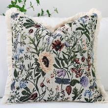 1件法式复古花卉提花柔软抱枕套，农舍流苏沙发靠垫，床头装饰枕，波西米亚复古方形柔软抱枕套，家居装饰品，绿色 - 綠枝 - 查看 5