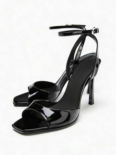 Giày cao gót mũi vuông bằng da bóng màu đen, giày cao gót quai ngang mắt cá chân dành cho nữ, thích hợp cho tiệc tùng, đám cưới, tiệc chiêu đãi, hộp đêm và các dịp khác, mẫu giày nữ gợi cảm thời trang mới mùa hè 2026.