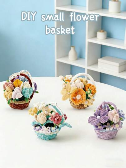 DIY旋转花篮材料套装，包含紫色梦幻花簇、甜美粉色花簇、透明花篮花簇、优雅紫色花簇、彩色天鹅绒花簇