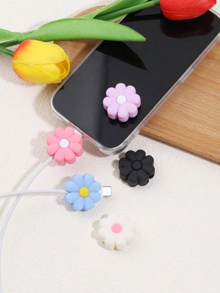 适用于苹果和安卓数据线的保护套，可爱花朵造型充电线保护套，防尘防断卡通数据线充电线保护套 - 彩色 - 查看 1