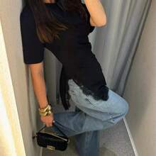 LUIZA T-SHIRT WITH LACE AND SLIT - Black - View 2