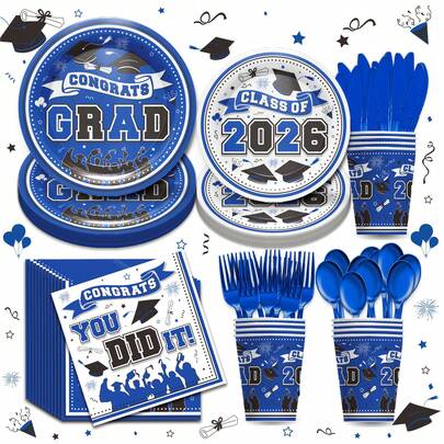 168pcs 2026 Graduation Decorations, Graduation Party Supplies 2026 Includes Plates, Cups, Napkins, Cutlery, 2026 College High School Graduation Party Decorations | 24 Guests (Red/Blue/Green/Orange)