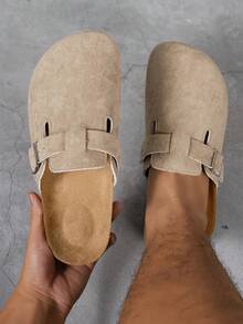 Wide Fit Men's Casual Solid Color Slip-On Mules, Comfortable Non-Slip Durable Soft Sole, Round Toe Design, Comfortable Fabric Upper, PVC Sole, Slip-On Closure, Suitable For Outdoor Activities All Year Round,Travel Essentials For Summer - Khaki - View 3