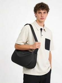 Cdie Kdbl 'Textured Waterproof Fabric Men's Crossbody Bag, Simple, Commuting, Sports, Casual Shoulder Bag, Dumpling Bag, Large Capacity Crescent Bag, Unisex Bag, Campus Student Bag' - Black - View 5