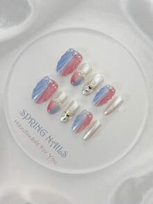 10片手工亚克力按压式美甲贴，可拆卸，椭圆形，可爱简约设计，颜色包括红色、蓝色、美人鱼、贝壳、珍珠，适合新年、情人节、约会、派对、各种季节，女士化妆配件 - 彩色 - 查看 9