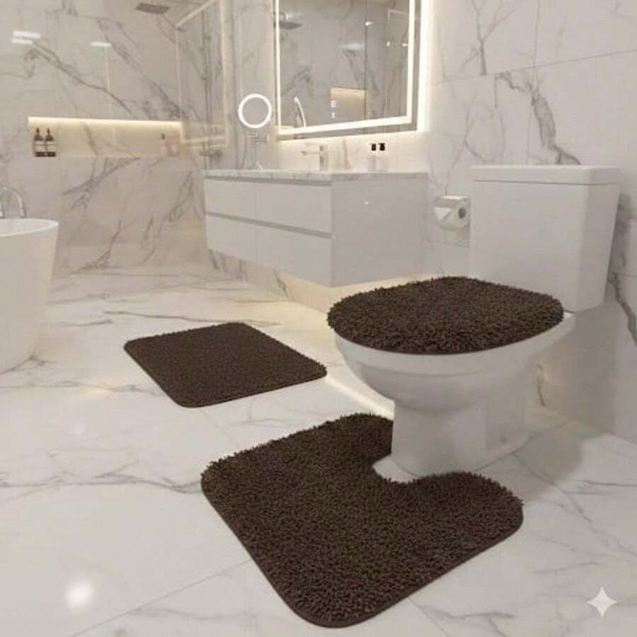 3-Piece Fluffy Fluffy Furry Bathroom Set - Rust Brown - View 1