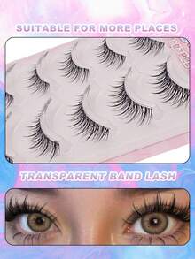5 pares de pestañas manga de aspecto natural con banda transparente, pestañas postizas de estilo anime japonés, pestañas postizas de estilo asiático delgadas y difuminadas, pestañas postizas de maquillaje coreano, grupos de pestañas de hada - Negro - Ver 4