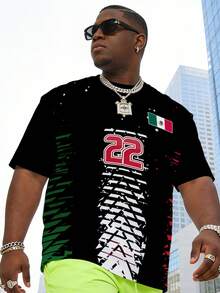 22 Mexiko Flagge Farbblock Herren Große Größen Kurzarm T-Shirt, Straßen Farbverlauf Muster Loose Fit Herren Große Größen Top, Lässiges Herren Große Größen T-Shirt im Hip-Hop Stil - Verschiedenfarbig - Übersicht 5