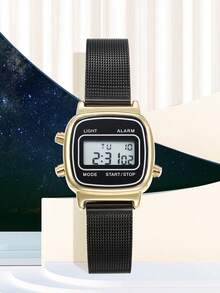 Reloj digital cuadrado dorado para mujer, con correa de malla de acero inoxidable negro, reloj electrónico retro lindo con luz para la escuela y uso diario - mirar - Ver 3