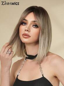 7JHH WIGS 16英吋肩長灰色漸層波波頭短直髮假髮，女款，附瀏海，深色髮根，耐熱合成纖維材質，適合日常穿戴、派對、Cosplay、音樂節等場合，畢業禮物與母親節禮物 - 漸變灰色 - 查看 5