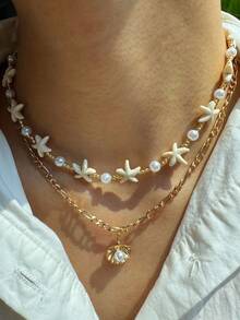 2pcs/Set Fashionable Unique Cute Pearl Shell Starfish Beaded Multilayer Necklace Set, Suitable For Daily Wear, Holiday Party Jewelry For Women - Multicolor - View 9