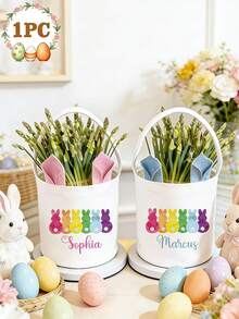 Customized Name Floral Letter Pattern Easter Basket With Bunny Ears, Easter Egg Hunt Basket, Striped Easter Gift Bag, Easter Gifts - Multicolor - View 4