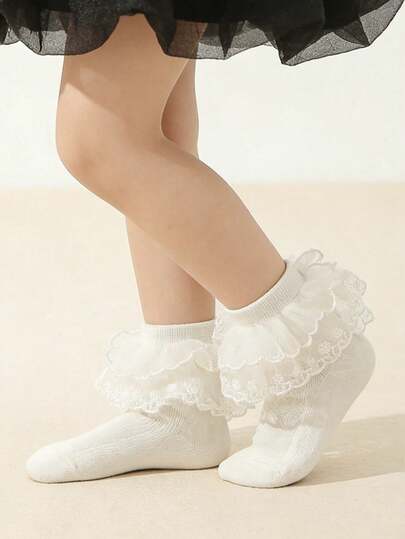 1 Pair Solid Color Lace Trim Double-Layer Princess Dance Socks For Kids & Toddlers