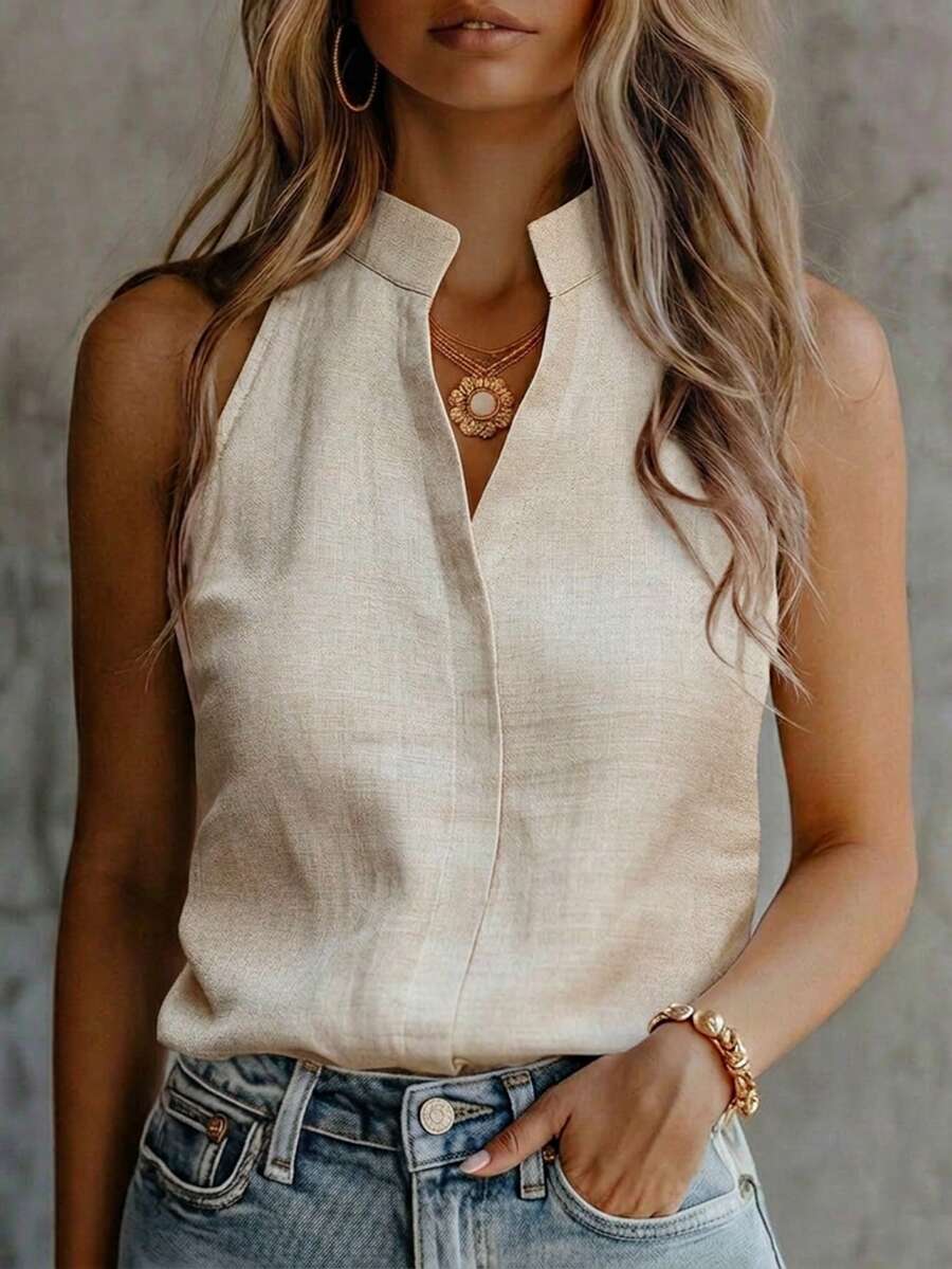 Women's New Solid Khaki Woven Textured Fabric Casual Loose Sleeveless V-Neck Blouse, Suitable For Outings, Vacations, Holidays, Commuting, Work, Office Summer - Light Grey - View 1