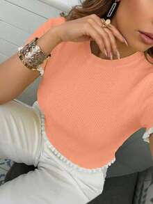 Women's Elegant Holiday/Graduation Ceremony Knit Top, Casual Short Sleeve Yellow Ruffle Hem Knit Pullover Summer - Coral Orange - View 3