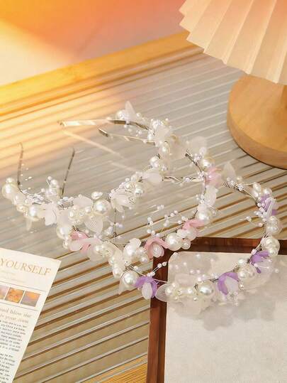 1pc Princess Style Sweet Pearl Birthday Party Wedding Flower Girl Headband, Bride Crown European Floral Wreath Hair Accessory, Wedding Dress Decoration