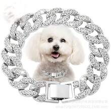 2pcs Unisex Pet Necklace, Zinc Alloy Cuban Chain With Rhinestones, Adjustable Size Fits All Pets, Fashionable And Durable, Essential Pet Accessory - Multicolor - View 3