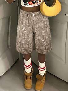 Casual Women's Denim Bermuda Shorts Straight Leg Non-Stretch Snake Print Pattern - Camel - View 3