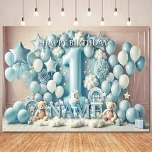 Phông nền "Chúc mừng sinh nhật lần thứ nhất" màu xanh dương và hồng có thể tùy chỉnh với bóng bay màu xanh nhạt, gấu bông, hoa hồng, hộp quà lấp lánh màu vàng và thiết kế khinh khí cầu - Hoàn hảo cho sinh nhật lần thứ nhất, tiệc mừng em bé, chụp ảnh kỷ niệm sinh nhật và làm phông nền chụp ảnh. Banner bằng vinyl - Nhiều màu - Xem 2