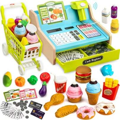 Wooden Cash Register For With Shopping Cart Rechargeable Kid Cash Register With Scanner Gift For Kid Age 3 4 5 6 7 8 9 Year Old Pretend Play For Toddlers Toys For 3-12 Year Old