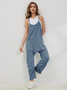 Women's Jumpsuit Romper Casual Sleeveless V-Neck Harem Overalls With Pockets - Stretchy Adjustable Straps Summer Beach Outfit - 藍灰色 - 查看 6