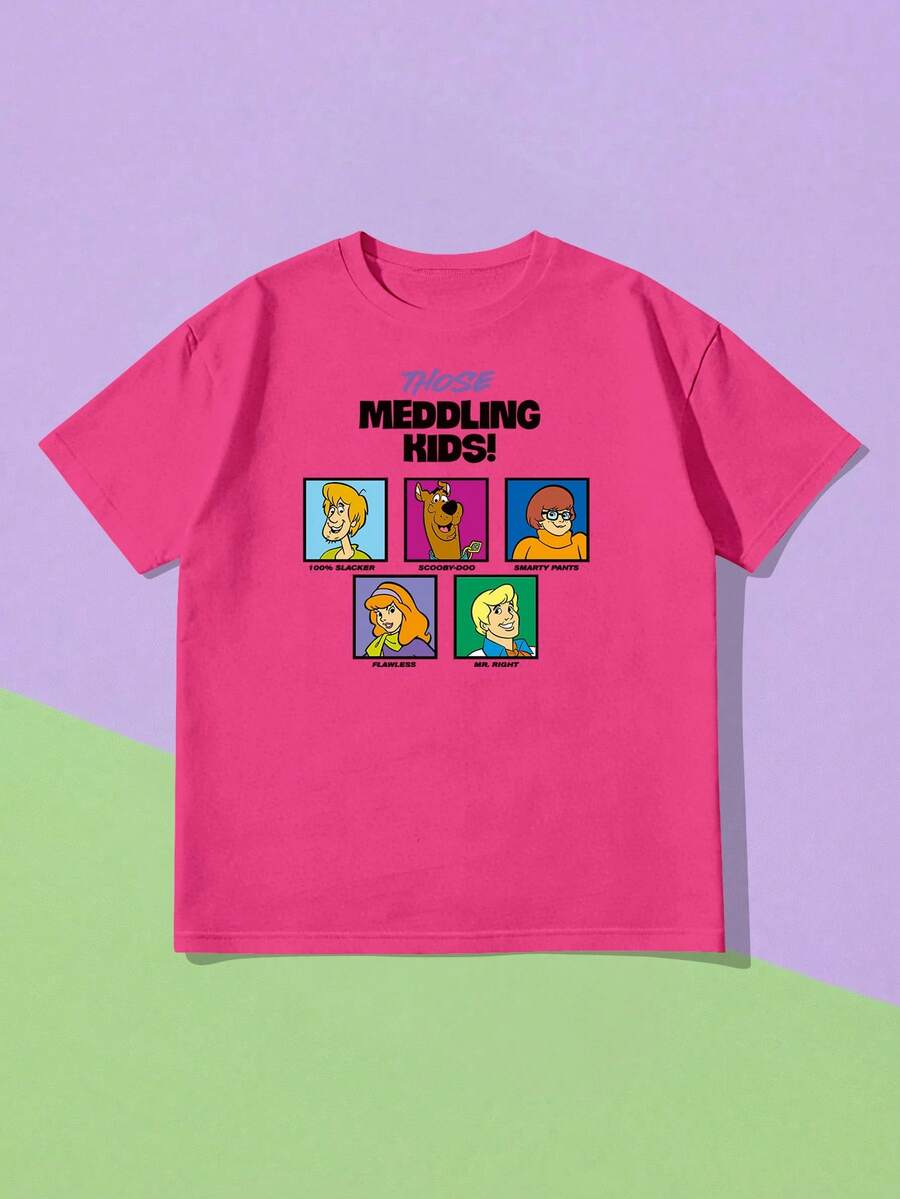 Whysmera SHEIN X SCOOBY-DOO Áo thun ngắn tay in hình hoạt hình phong cách thường ngày, thích hợp cho mùa hè. - Màu Hồng Tươi - Xem 1