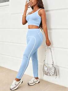 LovelyWholesale Women's Sporty Contrast Trim Cropped Tank Top And Leggings Set, Suitable For Fitness And Workout - Blue - View 3