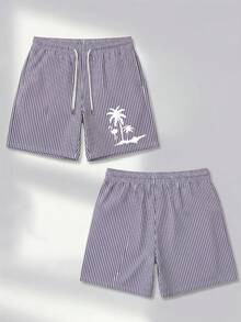 Men's Striped Palm Tree Print Casual Beach Shorts With Drawstring, Summer - Dusty Blue - View 3
