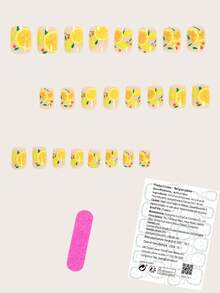 用24片短方形美甲贴片瞬间提升你的造型！清新橙黄柠檬片、绿叶裸粉色假指甲，优雅红波点黄叶假指甲，全覆盖式美甲贴片，适合女性和女孩。内含1张粘合贴片和1个迷你指甲锉，果冻胶材质，随机发货。 - 黃色 - 查看 2