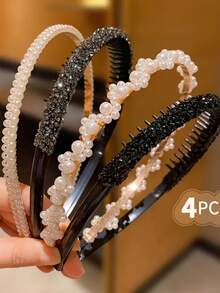 4 Pcs Faux Pearl Headbands With Rhinestones, Fashionable Design, Suitable For Daily Wear For Women - Multicolor - View 5