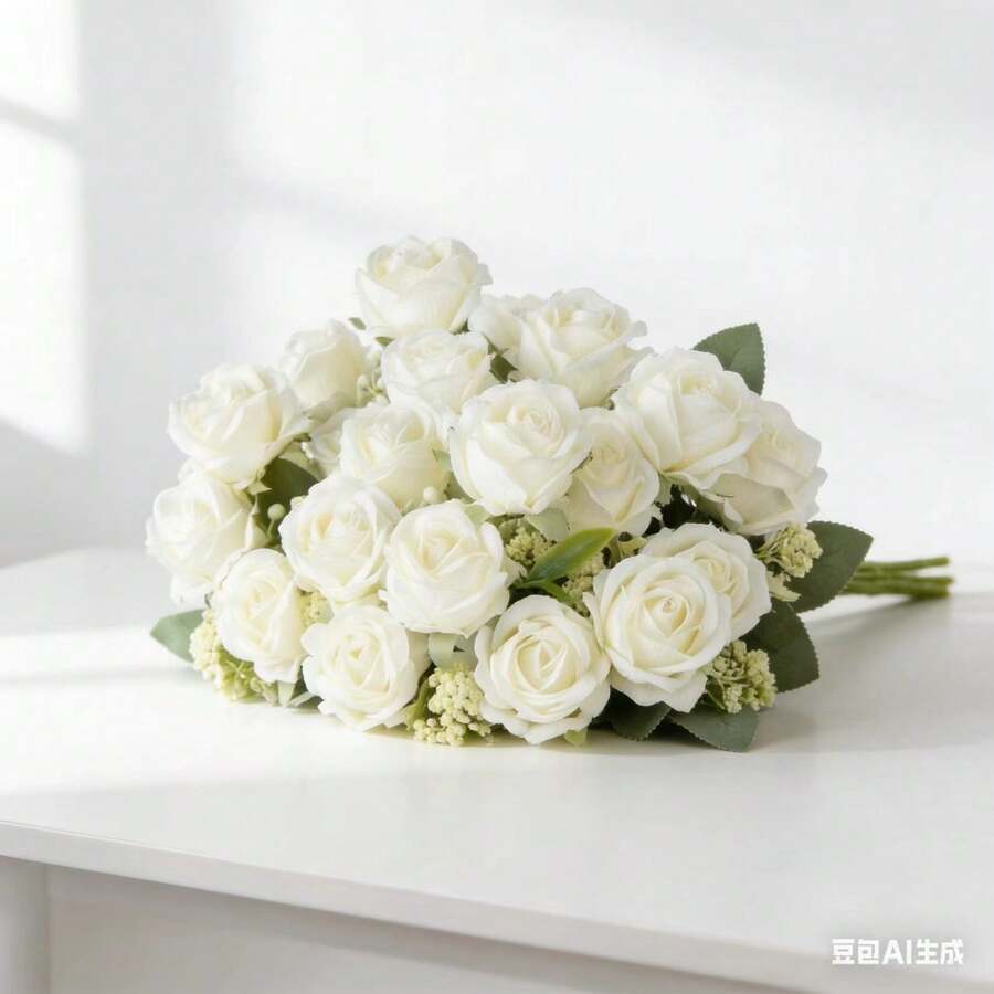 1/3 Bouquet Artificial Rose & Peony Flowers, Home Indoor/Outdoor Wedding Kitchen Table Decor, Spring Valentine's Day Decoration, Bridal Bouquet, DIY Gardening Craft - White - View 1