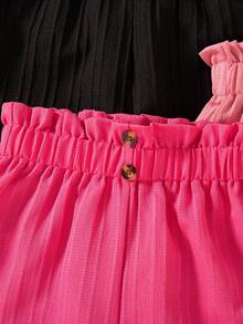 3pcs Girls Casual Solid Color Faux Button Elastic Waist Regular Fit Pants, Spring & Autumn - Hot Pink - View 4