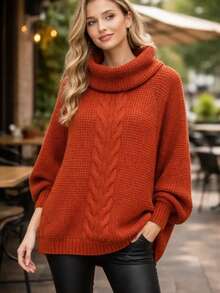 Women's Oversized Knitted Poncho With Turtleneck, Winter Fashion, Sizes 38 To 46 - 鏽 - 查看 2