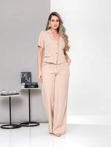 New Tailored Blouse And Wide-Leg Trousers Set With Working Buttons C6606 - Beis - Ver 3