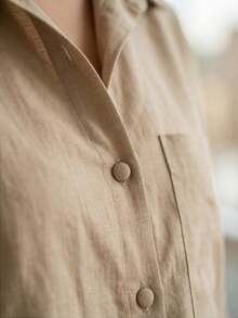 Linen Set With Three-Quarter Sleeves And High-Waisted Pants With Elastic Waistband | Lightweight Fabric - 卡其色 - 查看 6