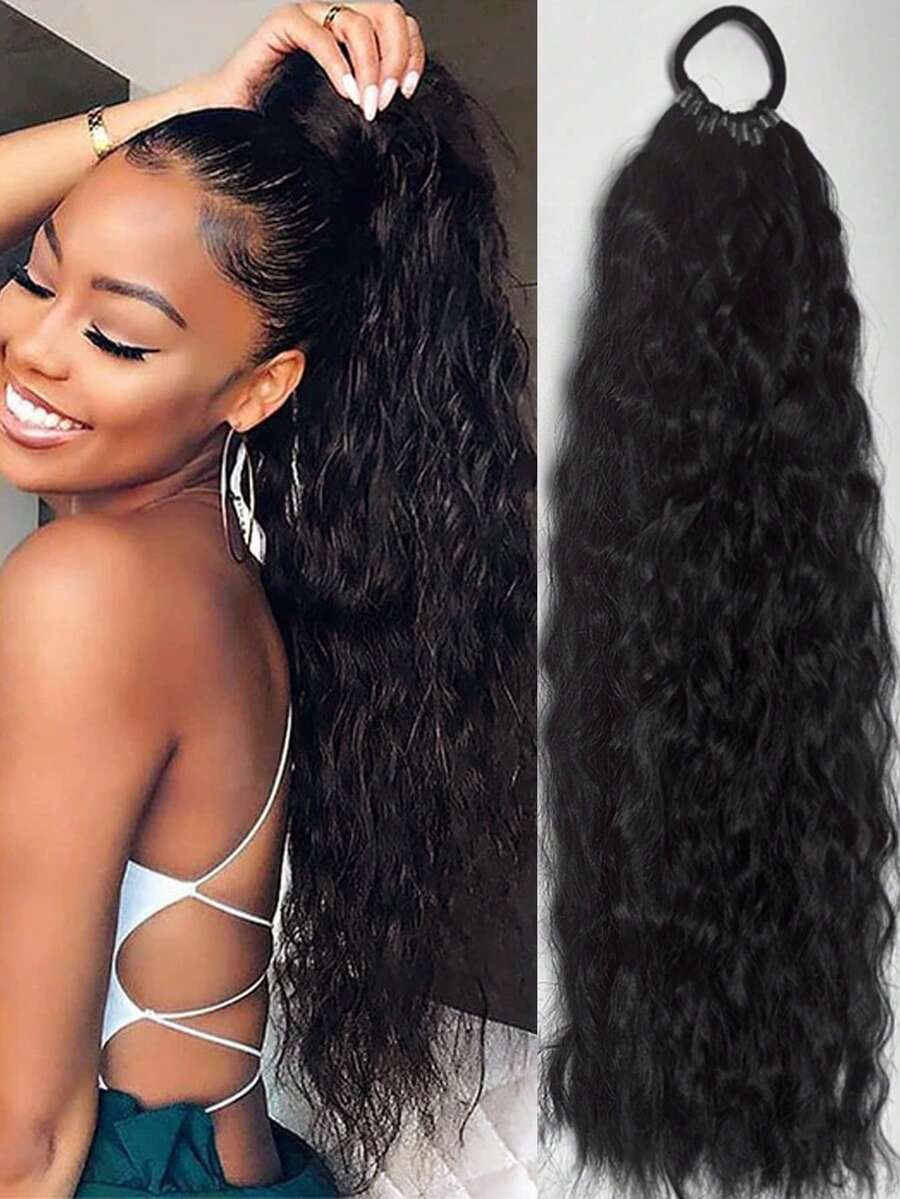 24英寸卷曲合成发马尾接发，耐热纤维马尾，自然波浪形弹力带，适合女性日常佩戴及各种场合。发圈、橡皮筋、发绳