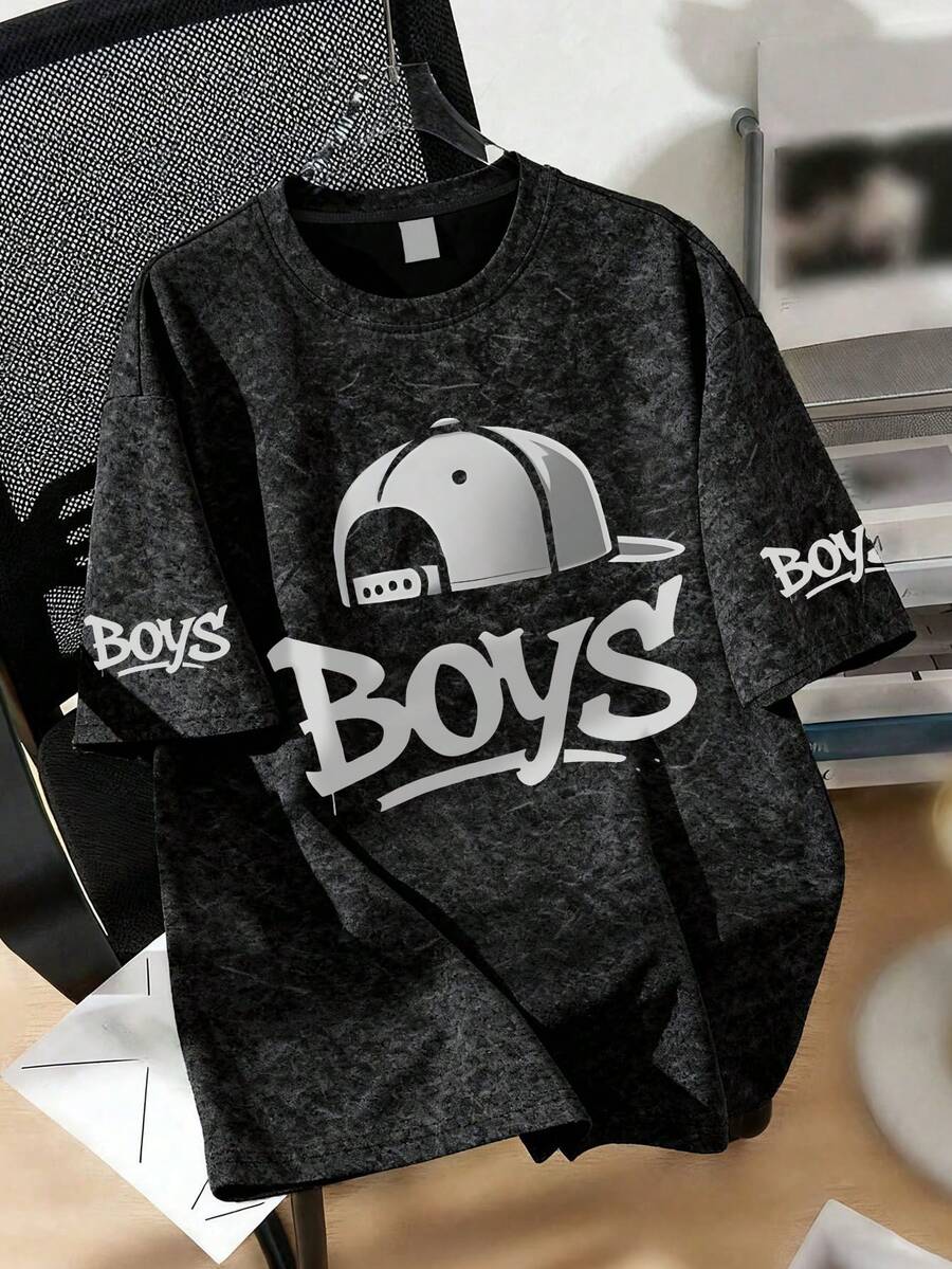 青少年男孩街頭風 "Boys" 圖案印花休閒短袖T恤,夏季日常必備,適合學校活動 - 黑色 - 查看 1