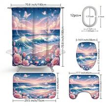 Conjunto de cortina de chuveiro multifuncional com estampa de paisagem de praia, diamantes florais e borboletas (1 peça/4 peças), 12 ganchos inclusos, elegante e com atmosfera de férias, tapete de banheiro, tapete para vaso sanitário em formato de U e tapete para vaso sanitário redondo, adequado para todos os ambientes de banheiro. - D - Ver 3