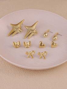 2-10pcs/Set Fashion Water Drop, Star, Bow, Heart Shaped Earrings Set, Suitable For Summer Vacation, Travel, And Daily Wear - Gold - View 3