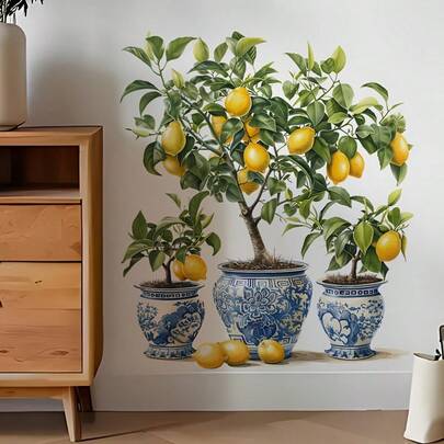 复古蓝白瓷盆柠檬树墙贴，乡村风家居装饰自粘贴纸，客厅卧室墙面绿植艺术清新点缀，清新舒缓的装饰品
