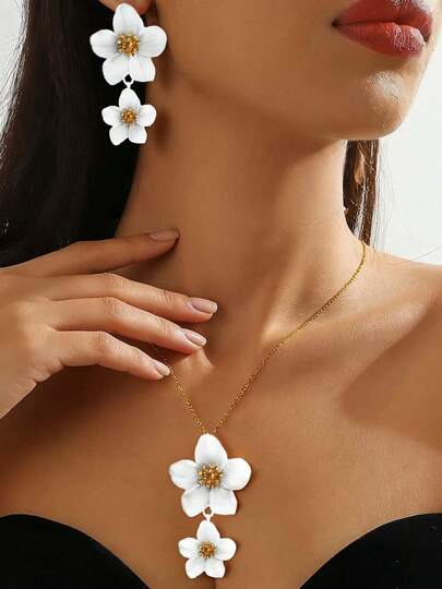 2pcs/Set Delicate Floral Collarbone Chain, European And American Style Fine Chain Necklace, Unique Floral Earrings Set