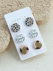 3 Pairs/1 Card Women's Dotted Abstract Symbol Print Ceramic Texture Cute Personalized Round Acrylic Earrings - Multicolor - View 2