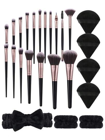 25件套化妆工具套装，包括：18支化妆刷套装+4个三角粉扑+1个发圈+2个手碗挂绳，一应俱全，新手友好 | 方便旅行携带，送礼佳品 | 新手/女性的完美之选