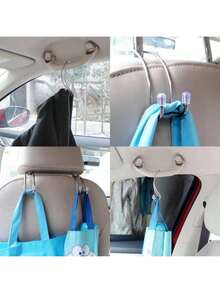 4pcs Stainless Steel Car Hooks, Seat Back Hanger, Non-Magnetic Dual Hooks With Silicone Anti-Slip Pad, Tightly Fit Headrest Rod, No Noise During Driving - Stainless Steel Hooks - View 2