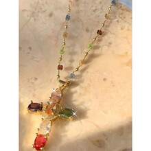 1pc Y2K Gold Plated Rainbow Colorful Cross Pendant Necklace Women Elegant Fashion Necklace Hip Hop Party Music Festival Jewelry Gift For Girlfriend Lover Couple - 彩色 - 查看 2