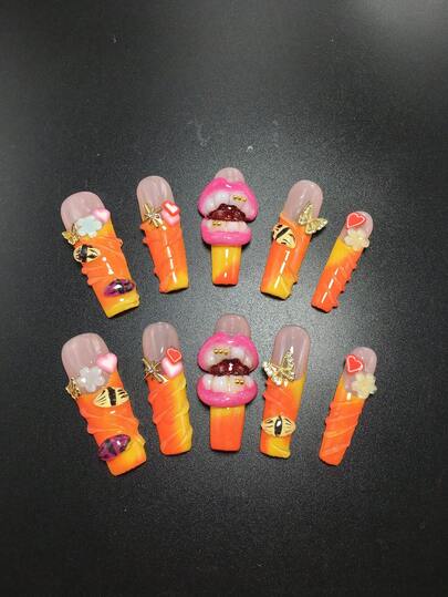 10 Piece 4.5cm Handmade Square Wearing Armor, Paired With Mouth, Insect, Butterfly, And Flower Decorations, Set With Nail Stickers, Suitable For Women And Girls, Valentine's Day, Parties, Festivals, And Daily Wear. Nail Accessories, Acrylic Nail Kit, Including Kit, Hand Pressed Nail Art, Fake Nail Stickers, And Nail Supplies.