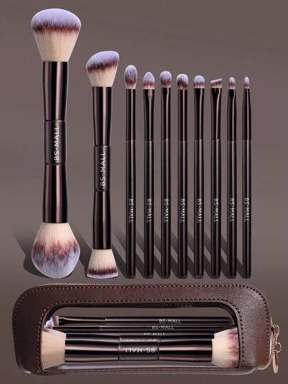  BS-MALL 10pcs Precise Makeup Brush Set With Coffee Color Makeup Bag, Soft Bristles, No Irritation, Ideal Makeup Tools
