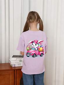 Tween Girls' Casual Funny Print Crew Neck Short Sleeve T-Shirt, Summer Top - Mauve Purple - View 2