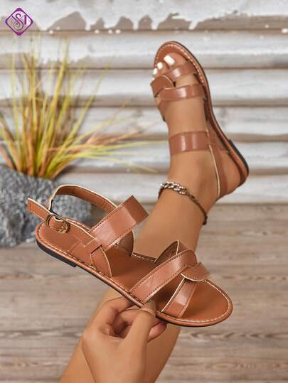 女士搭扣平底凉鞋，时尚宽楦弹力带舒适宽松休闲凉鞋，多功能户外简约轻便沙滩凉鞋